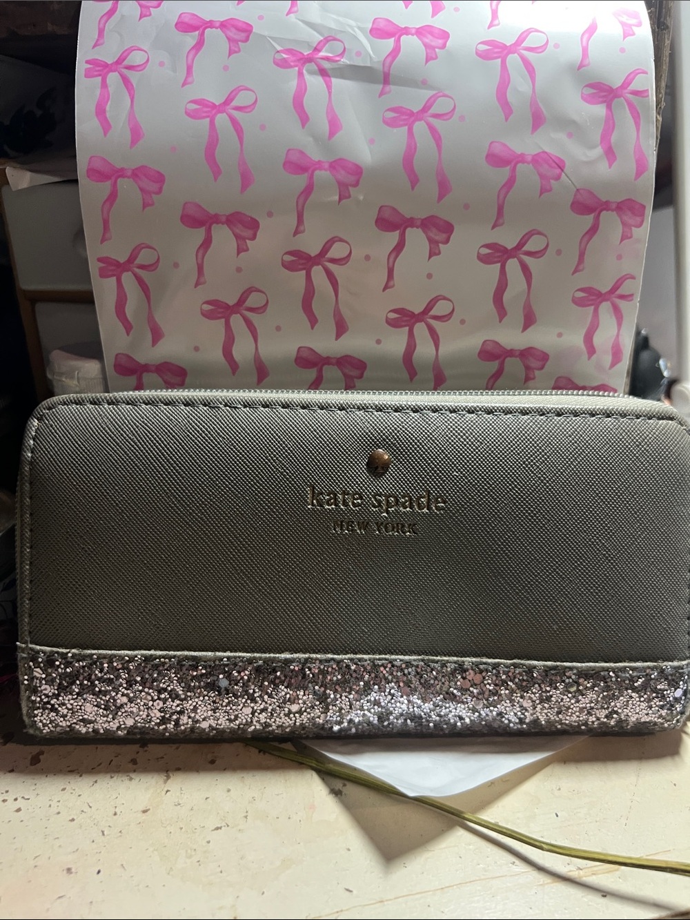 kate spade metallic gray wallet with silver glitter trim